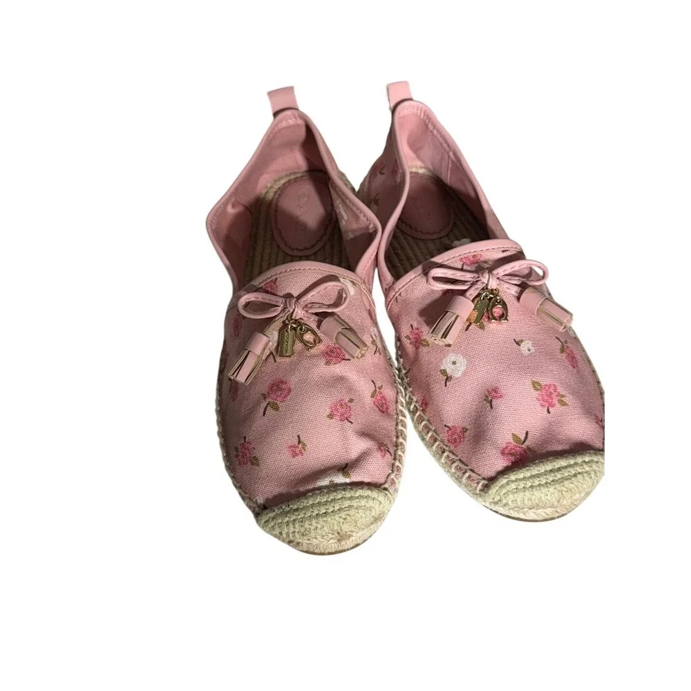 Coach FG3456 Pink Floral Rose Canvas Espadrille Flats Tassel Bow Shoes Mens 7.5B